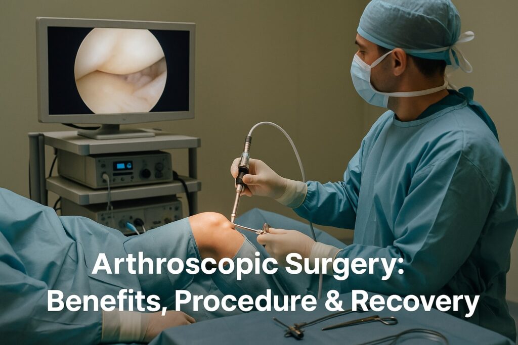 Surgeon performing arthroscopic knee surgery at Arsh Hospital, showcasing minimally invasive orthopedic care in Faridabad.