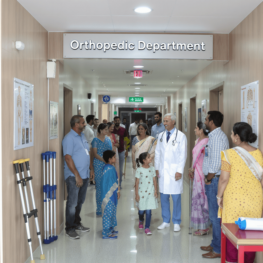 Orthopedic surgeons and patients at Arsh Hospital in Faridabad, India, consulting in a modern orthopedic department, with medical equipment and bone anatomy posters in the background, representing advanced orthopedic care except joint replacement.