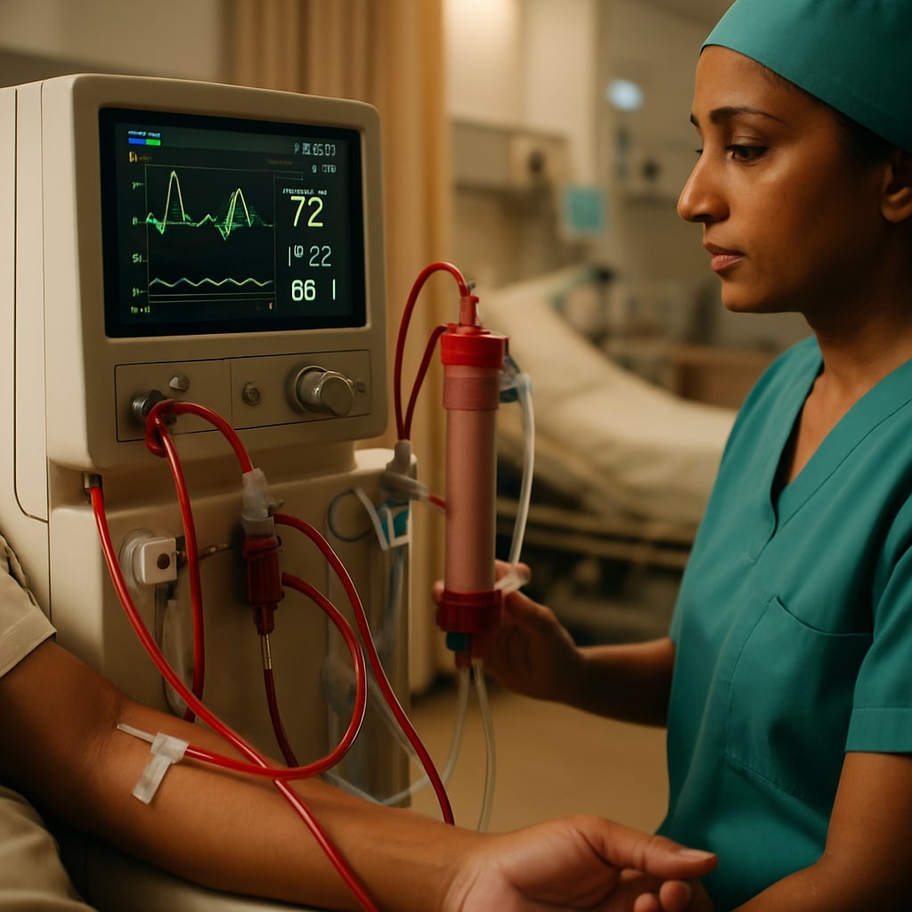 Patient receiving dialysis treatment under medical supervision in a clinic setting