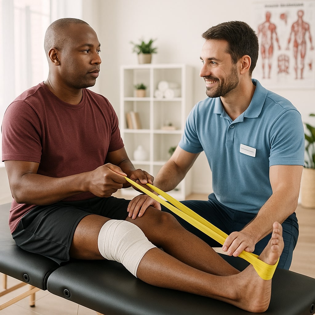 Patient performing guided physical therapy quadriceps strengthening and range-of-motion exercises with therapist supervision